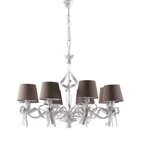 Lampadario Shabby Chic Lucy Bianco 8 Luci Paralumi Tortora