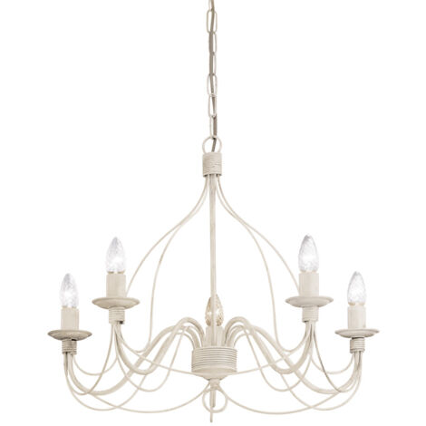 Lampadario Shabby Chic-Provenzale Corte Metallo Bianco 5 Luci E14