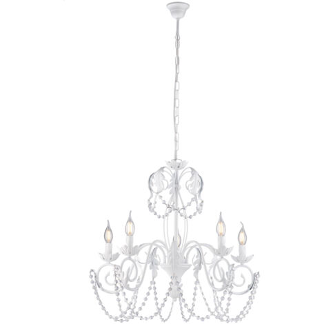 Lampadario Shabby Damasco 5 Luci Ferro Battuto Bianco E Cristalli