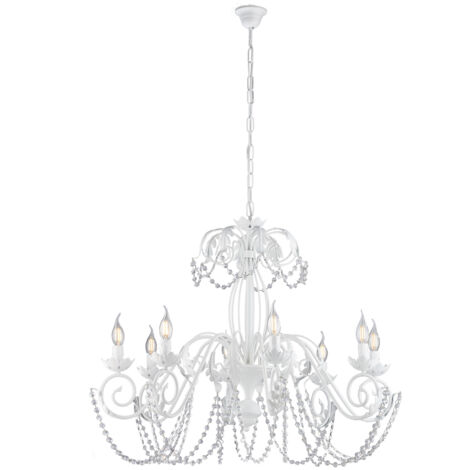 Lampadario Shabby Damasco 8 Luci Ferro Battuto Bianco E Cristalli