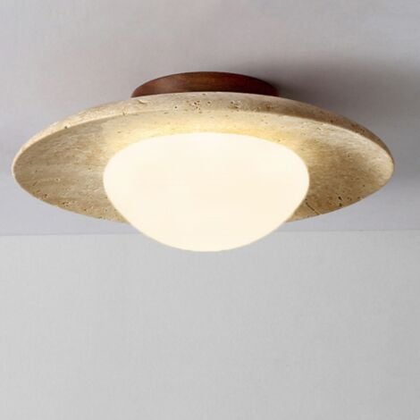 WOTTES Lampadario Soffitto Vintage Plafoniera Art D'eco Ø25CM Illuminazione Soffitto Travertino Giallo e Legno e Acrilica - Luce Neutra