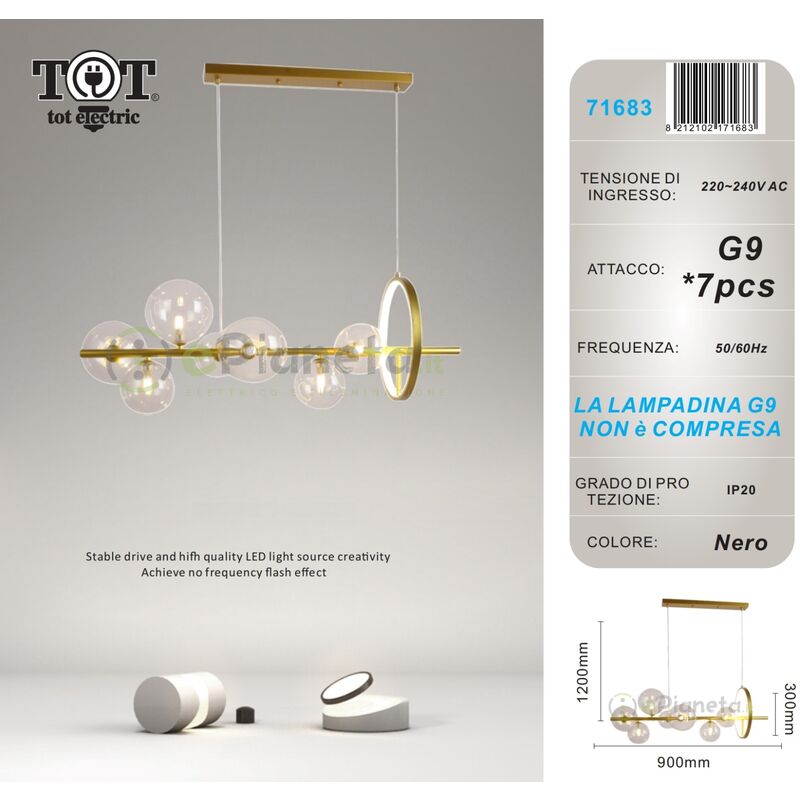 Image of Lampadario sospensione 7 sfere attacco G9 bolle trasparenti in vetro luce con cerchio da soffitto nero argento design moderno Oro