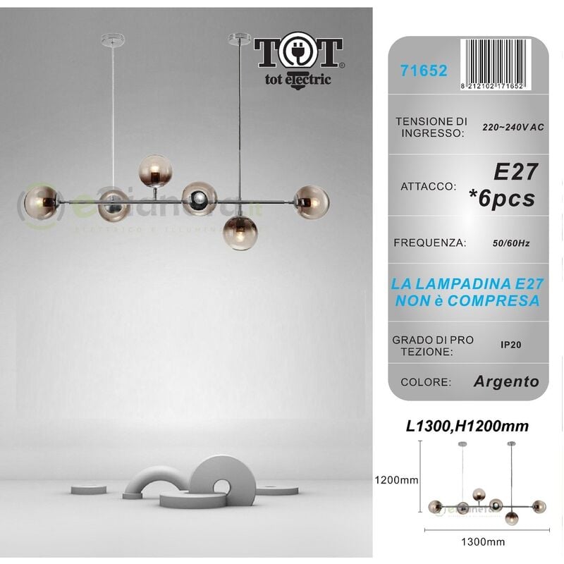 Image of Tot Electric - Lampadario sospensione bolle 6 sfere attacco E27 trasparenti in vetro lampada da soffitto in metallo oro argento moderno Argento