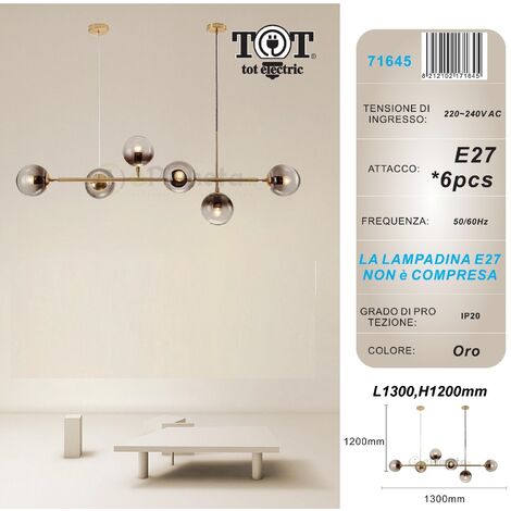Lampadario sospensione bolle 6 sfere attacco E27 trasparenti in vetro lampada da soffitto in metallo oro argento moderno  Oro
