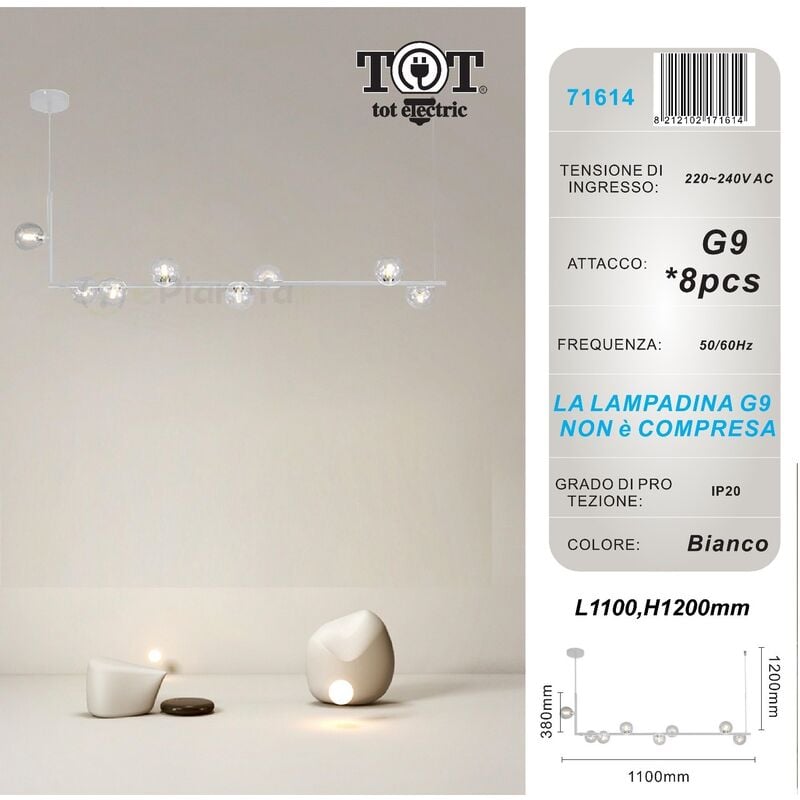 Image of Tot Electric - Lampadario sospensione bolle 8 sfere G9 trasparenti in vetro lampada da soffitto in metallo bianco nero oro design moderno Bianco