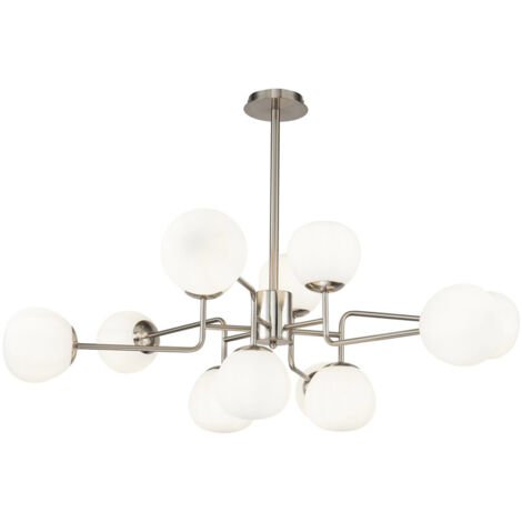 Lampadario Sospensione Erich In Metallo Nichel 12 Luci E Diffusori Bianchi