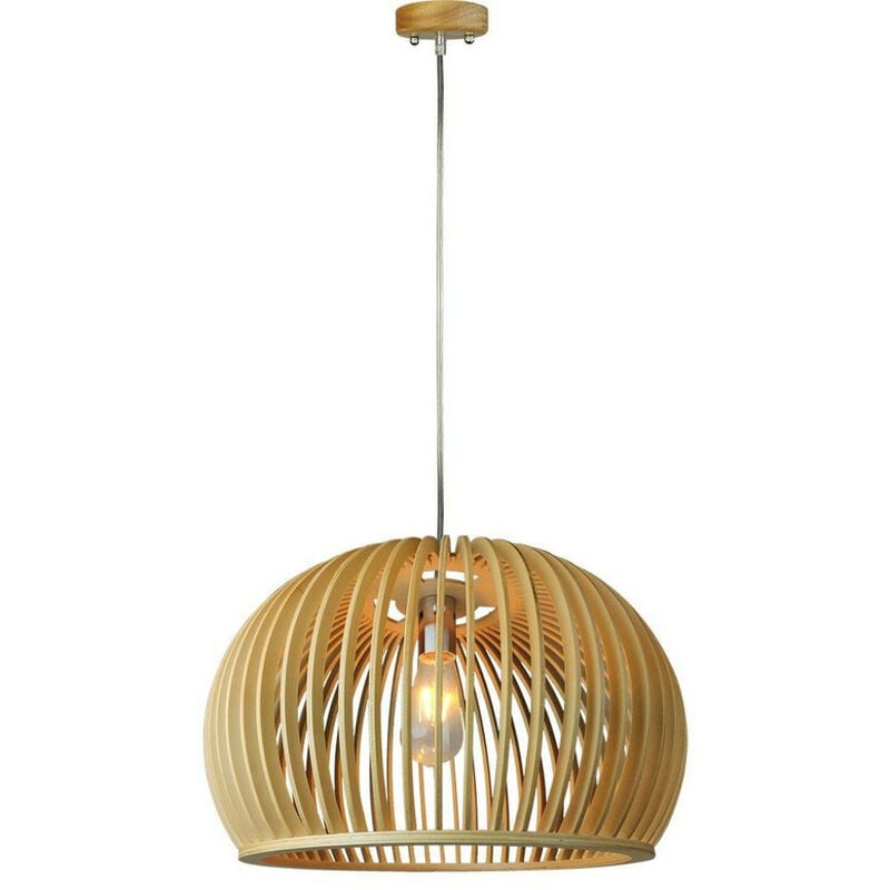 Image of Wooden pendant light with chrome decorative cap + canopy + lampshade big round D440H280MM