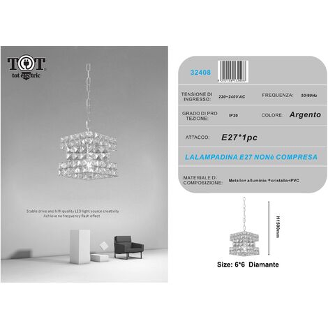 Lampadario sospeso cubo con cristalli lampada luce led attacco E27 oro argento quadrato per camera cucina soggiorno Argento