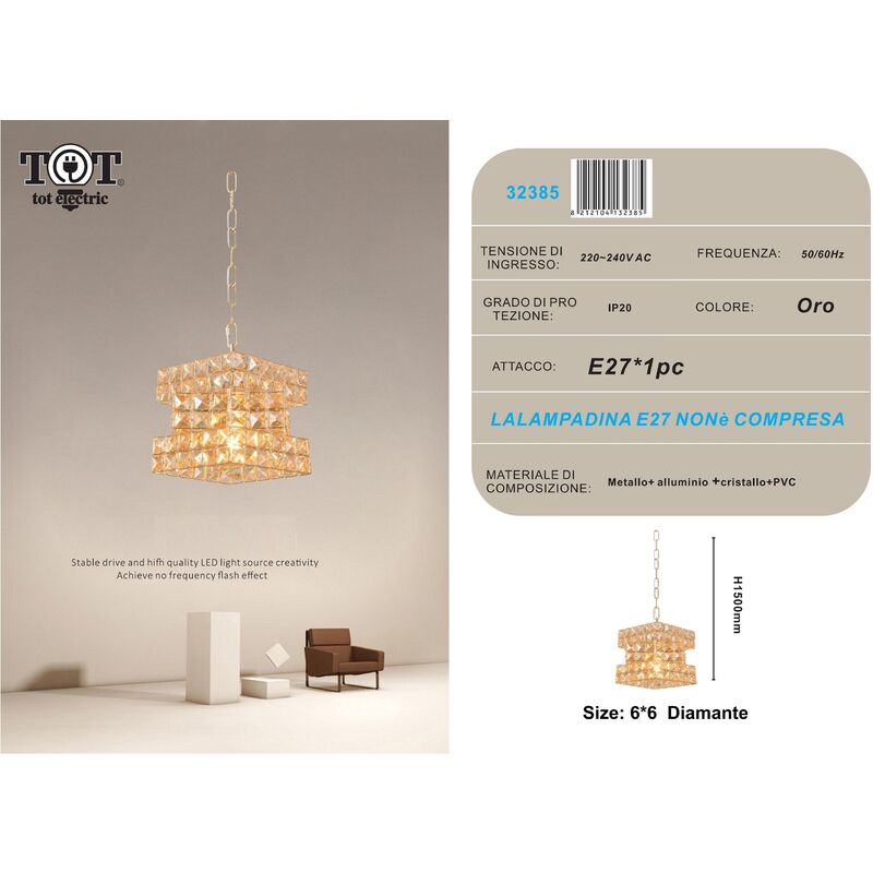 Image of Lampadario sospeso cubo con cristalli lampada luce led attacco E27 oro argento quadrato per camera cucina soggiorno Oro