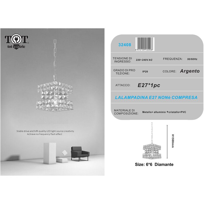 Image of Tot Electric - Lampadario sospeso cubo con cristalli lampada luce led attacco E27 oro argento quadrato per camera cucina soggiorno Argento