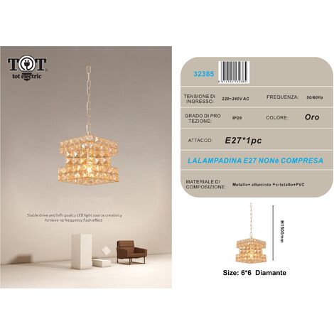 Lampadario sospeso  cubo con cristalli lampada luce led attacco E27 oro argento quadrato per camera cucina soggiorno  Oro