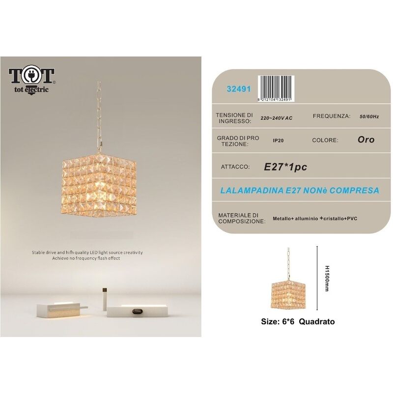Image of Tot Electric - Lampadario sospeso cubo con cristalli lampada luce led attacco grande E27 oro argento quadrato per camera cucina soggiorno Oro