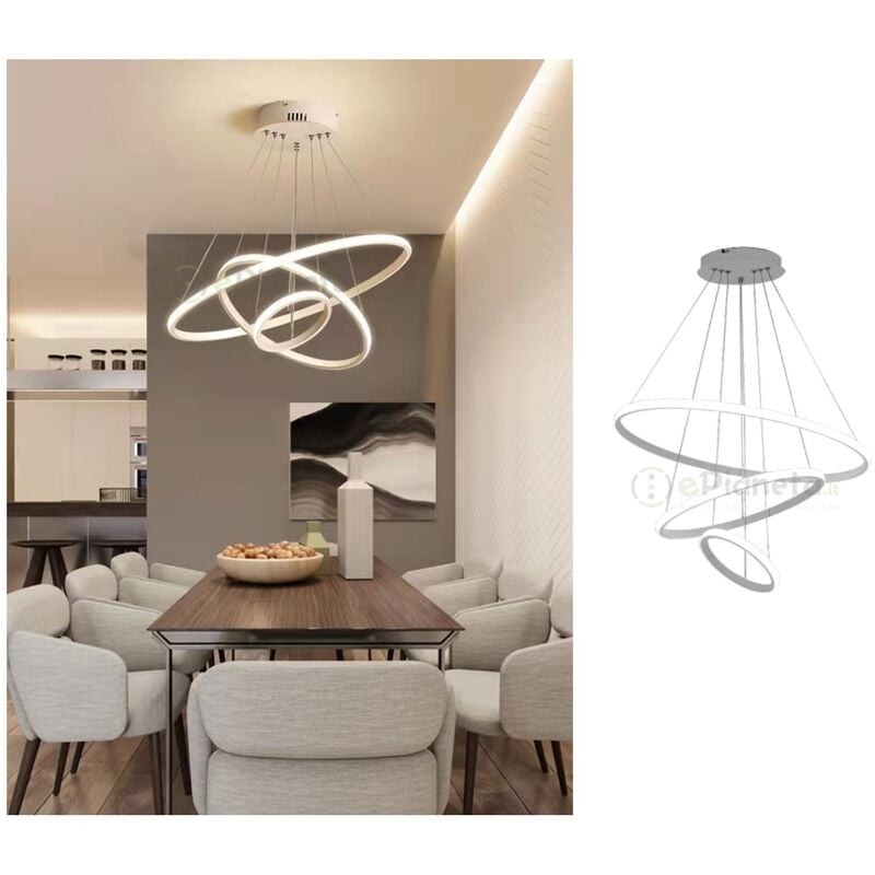 Image of Lampadario sospeso led 100w 3 cerchi pendente cerchio rotondo con anelli bianco design moderno per camera salotto Bianco freddo