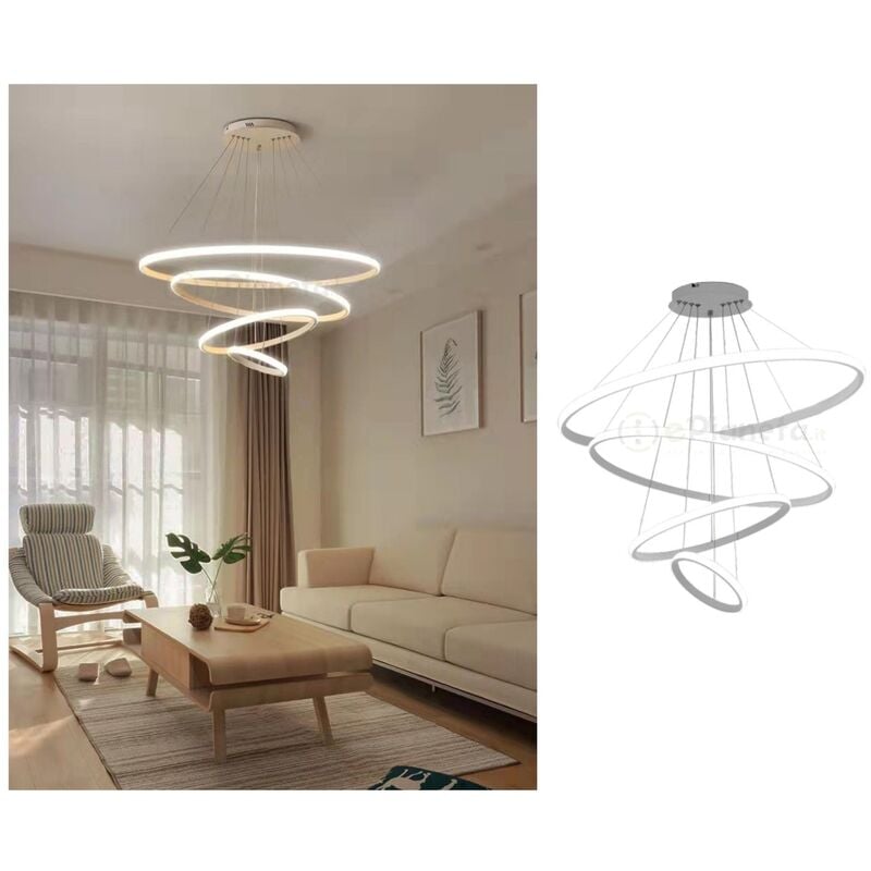 Image of Lampadario sospeso led 120w 4 cerchi pendente cerchio rotondo con anelli bianco design moderno per camera salotto Naturale