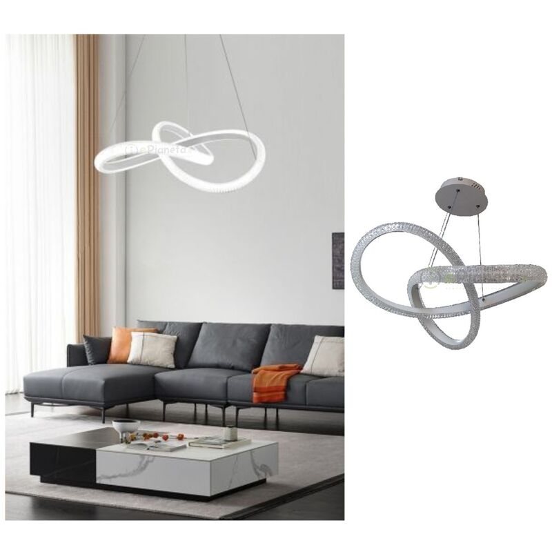 Image of Lampadario sospeso led 40w intrecciato effetto cristallo argento design moderno luce bianca per soggiorno cucina camera