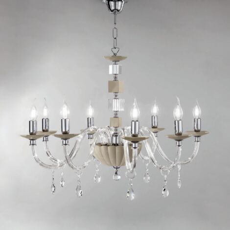 Lampadario sospeso LIVIA D85 cm in vetro e cristallo Tortora 8 luci