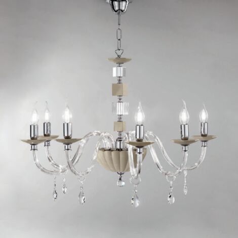 Lampadario sospeso LIVIA in vetro e cristallo D70 cm Tortora 6 luci