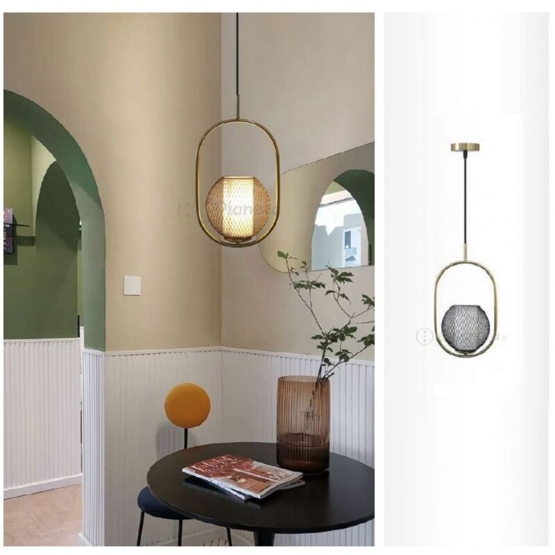 Image of Lampadario sospeso ovale luce led E27 con sfera in rete metallica lampada oro design moderno minimal per camera soggiorno