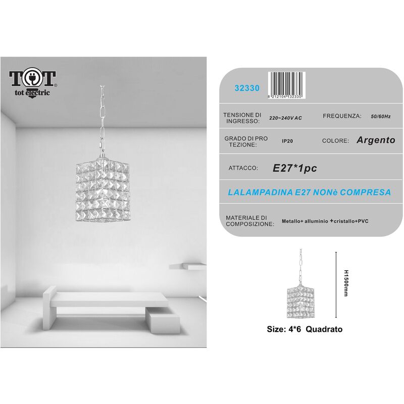 Image of Tot Electric - Lampadario sospeso rettangolare con cristalli lampada geometrico luce led attacco E27 oro argento per camera cucina soggiorno Argento