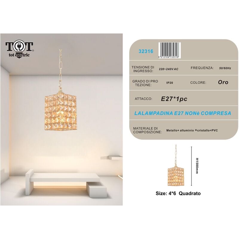 Image of Tot Electric - Lampadario sospeso rettangolare con cristalli lampada geometrico luce led attacco E27 oro argento per camera cucina soggiorno Oro