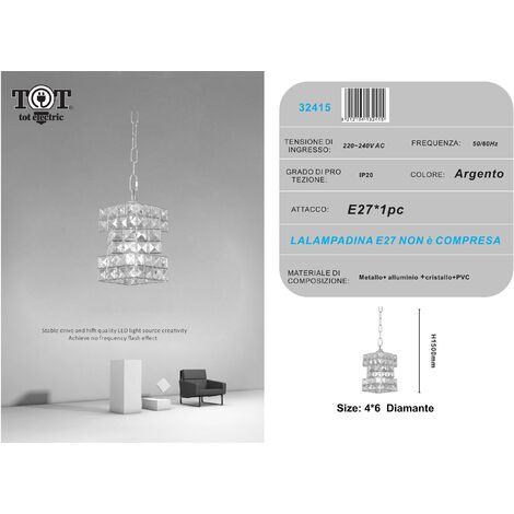 Lampadario sospeso rettangolare intrecciato con cristalli lampada luce led attacco E27 oro argento per camera cucina soggiorno  Argento
