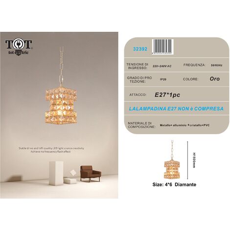 Lampadario sospeso rettangolare intrecciato con cristalli lampada luce led attacco E27 oro argento per camera cucina soggiorno  Oro
