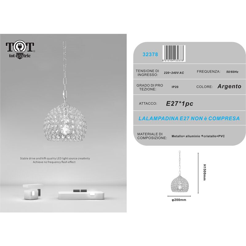 Image of Tot Electric - Lampadario sospeso tondo cupola con cristalli lampada mezza sfera luce led attacco E27 oro argento per camera cucina soggiorno 200 mm