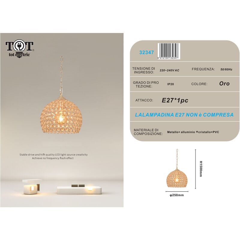 Image of Tot Electric - Lampadario sospeso tondo cupola con cristalli lampada mezza sfera luce led attacco E27 oro argento per camera cucina soggiorno 250 mm