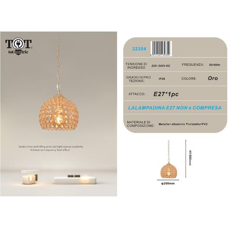 Lampadario sospeso tondo cupola con cristalli lampada mezza sfera luce led attacco E27 oro argento per camera cucina soggiorno 200 mm - Oro