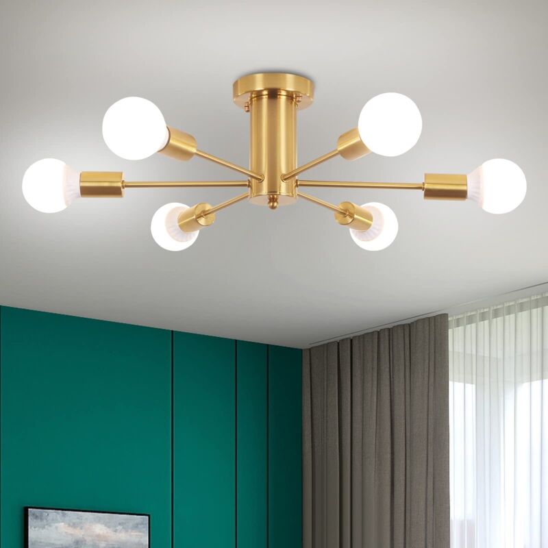Lampadario Sputnik 6 Luci Dorato – Plafoniera Semi-Incasso Stile Moderno Mid Century (Lampadine Escluse)