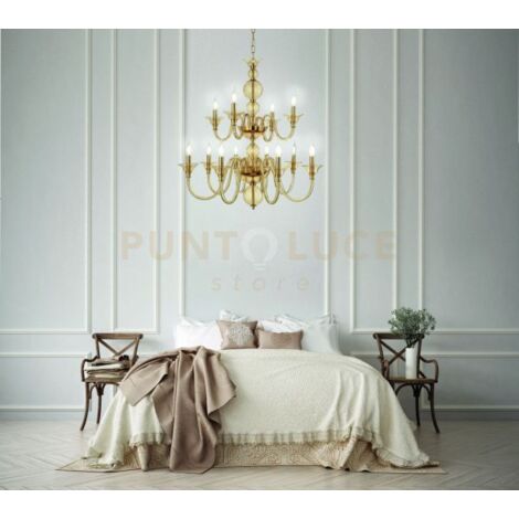 LAMPADARIO TEBE 12 LUCI AMBRA E ORO ATTACCO E14 D.87CM