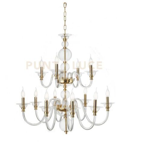 LAMPADARIO TEBE 12 LUCI TRASPARENTE E ORO ATTACCO E14 D.87CM