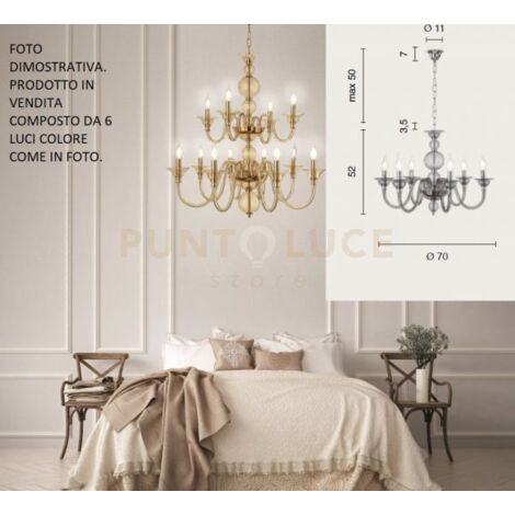LAMPADARIO TEBE 6 LUCI AMBRA E ORO ATTACCO E14 D.70CM