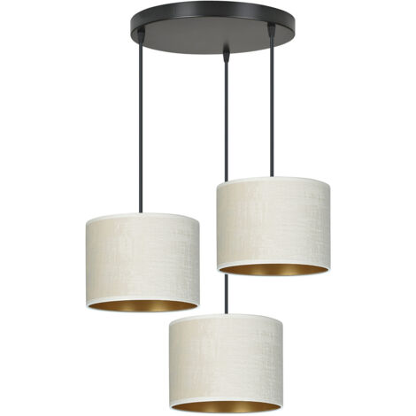 Lampadario Tondo 3 Luci Ganesha In Acciaio Nero E Paralumi In Tessuto Beige