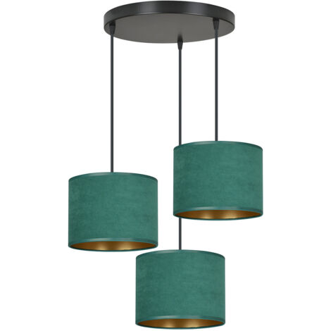 Lampadario Tondo 3 Luci Ganesha In Acciaio Nero E Paralumi In Tessuto Verde