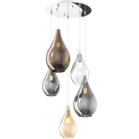 Lampadario Tondo Contemp Drop 2.0 Metallo Cromo Vetro Multicolor 5 Luci E27