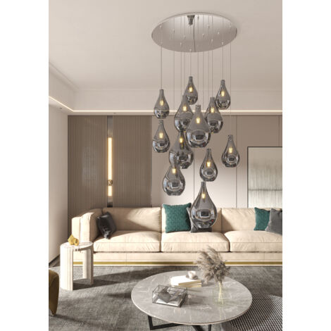 Lampadario Tondo Contemporaneo Drop 2.0 Metallo Cromo Vetro Fumè 12 Luci E27