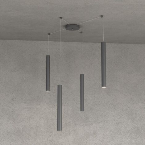 Lampadario top light round tube 1174 s4 gu10 led cilindro metallo moderno, finitura metallo grigio-antracite