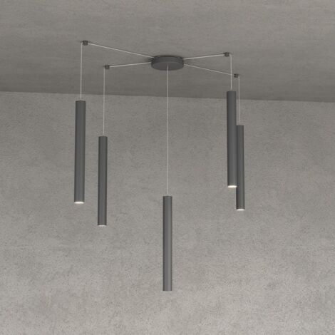 Lampadario top light round tube 1174 s5 gu10 led cilindro metallo moderno, finitura metallo grigio-antracite