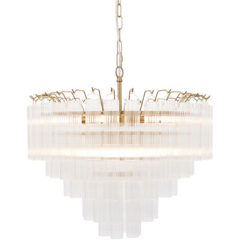Lampadario TOULOUSE glamour ottone satinato vetro rigato 12xG9