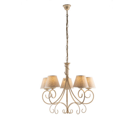 Lampadario vienna ferro Avorio Oro cinque luci paralumi tessuto 60x h58 cm