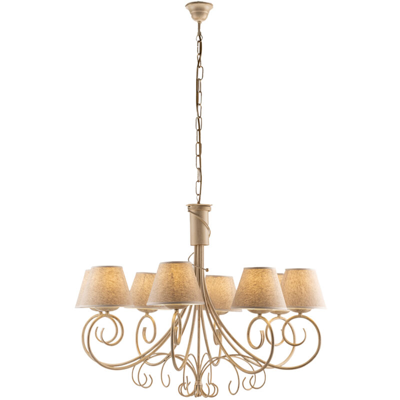 Lampadario In Ferro Laccato Avorio Con Decorazione Oro Antico E Par...