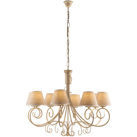 Lampadario Vienna ferro Avorio Oro otto luci paralumi effetto tessuto 78x h63 cm