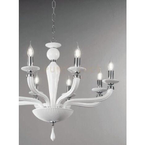 LAMPADARIO VILLA VETRO E METALLO 12 LUCI BIANCO E CROMO ATTACCO E14 D.85CM