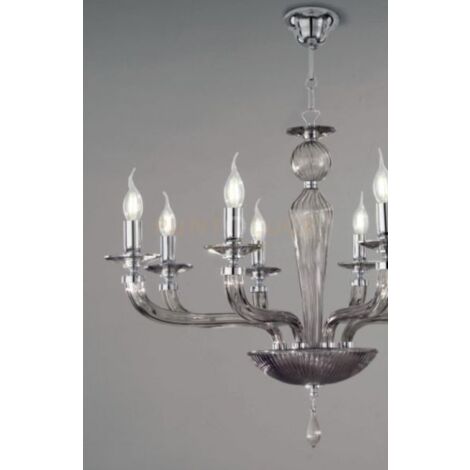LAMPADARIO VILLA VETRO E METALLO 12 LUCI FUME' E CROMO ATTACCO E14 D.85CM