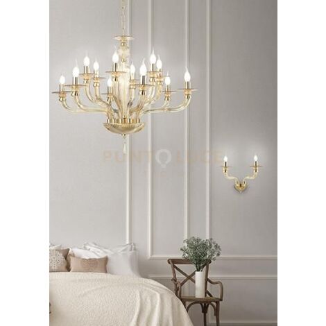 LAMPADARIO VILLA VETRO E METALLO 12 LUCI ORO E AMBRA ATTACCO E14 D.85CM