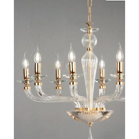LAMPADARIO VILLA VETRO E METALLO 12 LUCI ORO E TRASPARENTE ATTACCO E14 D.85CM