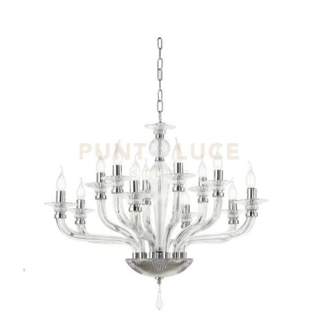 LAMPADARIO VILLA VETRO E METALLO 12 LUCI TRASPARENTE E CROMO ATTACCO E14 D.85CM