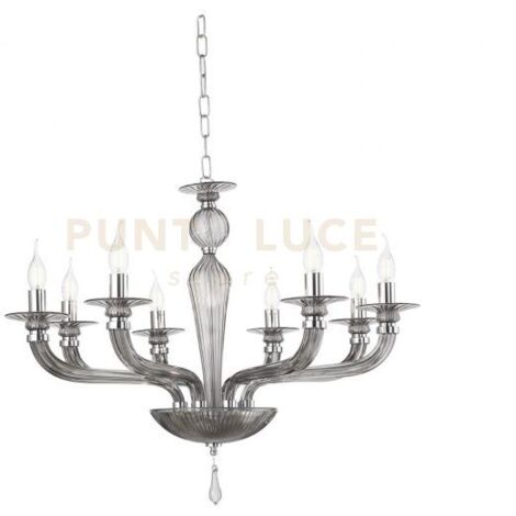 LAMPADARIO VILLA VETRO E METALLO 8 LUCI FUME' E CROMO ATTACCO E14 D.82CM