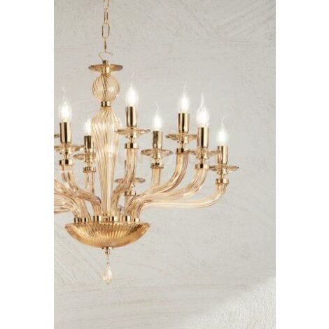 LAMPADARIO VILLA VETRO E METALLO 8 LUCI ORO E AMBRA ATTACCO E14 D.82CM